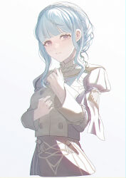 Rule 34 | 1girl, blue hair, blunt bangs, braid, brown eyes, buttons, closed mouth, commentary, crown braid, fire emblem, fire emblem: three houses, garreg mach monastery uniform, highres, juliet sleeves, long sleeves, looking at viewer, marianne von edmund, mo. (ntra5332), nintendo, puffy sleeves, short hair, short hair with long locks, sidelocks, simple background, solo, uniform, white background