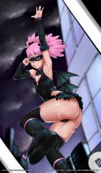 Rule 34 | 10s, 1girl, arm up, armpits, ass, bat wings, black thighhighs, blue eyes, boku no hero academia, boots, breasts, building, camera, cleavage cutout, clothing cutout, covered navel, detached sleeves, domino mask, falling, frilled skirt, frills, haneyama kazuho, highres, leotard, low wings, mask, microskirt, miniskirt, pop step, sereneandsilent, skirt, small breasts, solo, thigh boots, thighhighs, twintails, upskirt, v, v-shaped eyebrows, v over eye, vigilante -boku no hero academia: illegals-, watermark, web address, wings