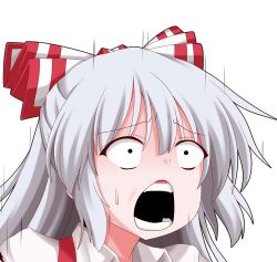 Rule 34 | 1girl, :o, albino, arc system works, black eyes, bow, constricted pupils, fujiwara no mokou, guilty gear, guilty gear xrd, hair bow, kanchou, leo whitefang, long hair, oden (th-inaba), open mouth, parody, silver hair, simple background, solo, style parody, surprised, teeth, touhou, white background