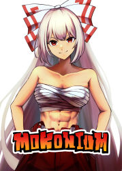 Rule 34 | 1girl, absurdres, bandaged chest, bow, collarbone, equality taira, fujiwara no mokou, highres, long hair, looking at viewer, muscular, pants, red eyes, red pants, sarashi, smile, solo, touhou, white bow, white hair