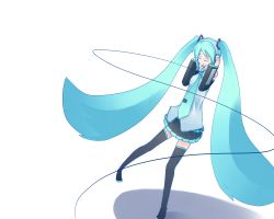 Rule 34 | absurdly long hair, blue hair, closed eyes, dancing, detached sleeves, full body, hands on headphones, hatsune miku, headphones, kaginoni, long hair, necktie, shadow, simple background, skirt, smile, solo, tattoo, thighhighs, twintails, very long hair, vocaloid, white background