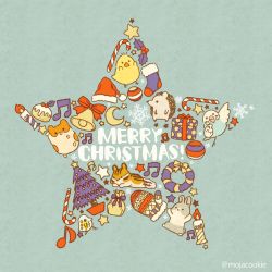 Rule 34 | aqua background, beamed eighth notes, bell, bird, rabbit, candle, christmas, christmas tree, crescent, eighth note, english text, fox, gift, hamster, hat, hedgehog, merry christmas, mittens, mojacookie, musical note, no humans, original, santa hat, snowflakes, star (symbol), twitter username