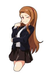 Rule 34 | 1girl, ;), bad id, bad pixiv id, black jacket, brown hair, brown skirt, collared shirt, cowboy shot, cropped legs, dress shirt, finger to mouth, hairband, highres, idolmaster, idolmaster (classic), index finger raised, jacket, long hair, long sleeves, looking at viewer, minase iori, miniskirt, one eye closed, open clothes, open jacket, pleated skirt, red eyes, red hairband, shirt, simple background, skirt, smile, solo, standing, sweater, very long hair, white background, white shirt, white sweater, wing collar, yahankkwo
