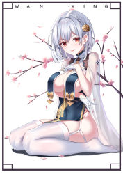 Rule 34 | 1girl, absurdres, arm under breasts, artist name, azur lane, bare shoulders, black border, black panties, blush, border, braid, branch, breast curtains, breast hold, breasts, cherry blossoms, china dress, chinese clothes, cleavage, collarbone, commentary request, covered navel, dress, eyelashes, garter straps, gloves, grey dress, hair between eyes, hair ornament, half gloves, highres, large breasts, looking at viewer, multi-strapped panties, neckwear between breasts, panties, parted lips, pelvic curtain, petals, red eyes, revealing clothes, see-through, see-through sleeves, shiny clothes, shiny legwear, short hair, side braid, sideboob, simple background, sirius (azur lane), sirius (azure horizons) (azur lane), sitting, skindentation, smile, solo, thighhighs, thighs, two-tone leotard, underboob, underwear, wan xing, wariza, white background, white gloves, white hair, white thighhighs