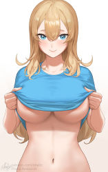 Rule 34 | 1girl, areola slip, blonde hair, blue eyes, blue nails, blue shirt, blush, breasts, claire lamund (nhaliz), closed mouth, clothes lift, fanbox username, hair between eyes, highres, large breasts, lifted by self, long hair, looking at viewer, mole above eye, nail polish, navel, nhaliz, no bra, original, paid reward available, patreon username, shirt, shirt lift, signature, simple background, smile, stomach, t-shirt, underboob, upper body, watermark, web address, white background