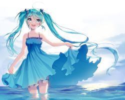Rule 34 | 1girl, :d, ahoge, bare arms, bare shoulders, blue eyes, blue hair, blush, breasts, bright pupils, clothes lift, cloud, collarbone, cowboy shot, day, dress, dress lift, floating hair, frilled dress, frills, hair ornament, hair scrunchie, hatsune miku, highres, horizon, lifted by self, long hair, looking at viewer, mechuragi, ocean, open mouth, reflection, round teeth, scrunchie, sleeveless, sleeveless dress, small breasts, smile, solo, sparkle, standing, sundress, sunlight, teeth, thighs, twintails, very long hair, vocaloid, wading, water, wind