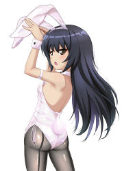 Rule 34 | 1girl, :o, absurdres, animal ears, armband, arms up, ass, back-seamed legwear, bare shoulders, black hair, breasts, brown eyes, cowboy shot, fake animal ears, fake tail, fishnet pantyhose, fishnets, girls und panzer, hand up, headband, highres, leotard, long hair, looking at viewer, pantyhose, playboy bunny, rabbit ears, reizei mako, seamed legwear, shiina excel, sidelocks, simple background, small breasts, solo, tail, white background, white headband, wrist cuffs
