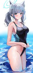 Rule 34 | 1girl, absurdres, animal ear fluff, animal ears, bare arms, bare shoulders, black one-piece swimsuit, blue archive, blue eyes, blush, breasts, cleavage, closed mouth, clothes lift, competition swimsuit, cowboy shot, earrings, extra ears, frontal wedgie, grey hair, groin, hair ornament, halo, highres, jewelry, large breasts, lifted by self, long hair, looking at viewer, mismatched pupils, navel, one-piece swimsuit, sak (lemondisk), shiroko (blue archive), shiroko (swimsuit) (blue archive), sidelocks, solo, standing, swimsuit, swimsuit lift, wading, water, wedgie, wet, white background, x hair ornament