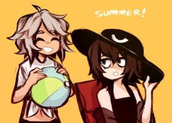 Rule 34 | 2others, alternate costume, alternate hair color, androgynous, ball, beachball, brown hair, closed eyes, commentary, english commentary, english text, enraku tsubakura, grey hair, hat, holding, holding ball, holding beachball, houlen yabusame, len&#039;en, multiple others, other focus, popipep, shirt, short hair, short sleeves, simple background, smile, sun hat, tied shirt, white shirt, yellow background