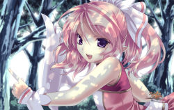 Rule 34 | 10s, 1girl, 2010, :d, agarest senki, agarest senki (series), company name, copyright name, ellis (agarest senki), forest, game cg, highres, hirano katsuyuki, looking at viewer, nature, official art, open mouth, pink hair, pointy ears, purple eyes, running, short hair, smile, solo, tree, tree shade, twintails, wrist cuffs