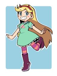 Rule 34 | 1girl, blonde hair, blue eyes, boots, dress, facial mark, fake horns, full body, grin, hairband, heart, heart cheeks, highres, horned headwear, horns, leg up, long hair, looking at viewer, pantyhose, smile, solo, standing, standing on one leg, star (symbol), star butterfly, star vs the forces of evil, striped clothes, striped pantyhose, very long hair, yume yoroi