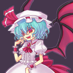 Rule 34 | 1girl, bad id, bad pixiv id, bat wings, blood, blue hair, brooch, female focus, girotin ginza, hat, jewelry, red eyes, remilia scarlet, short hair, simple background, solo, touhou, wings, wristband