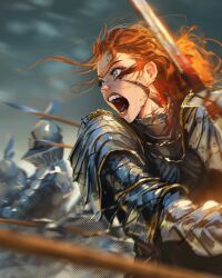 Rule 34 | 1girl, armor, blood, bloody weapon, blurry, blurry background, blurry foreground, facial mark, glint, gold trim, helmet, highres, knight, loose hair strand, nose, open mouth, orange hair, original, pike (weapon), polearm, reflection, sam yang, shouting, solo focus, spear, sunlight, sword, teeth, weapon