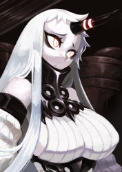 Rule 34 | 10s, 1girl, :&lt;, abyssal ship, breasts, colored skin, detached sleeves, dress, eyelashes, highres, horns, kantai collection, koi drake, large breasts, long hair, red eyes, ribbed dress, seaport princess, single horn, solo, upper body, very long hair, white dress, white hair, white skin