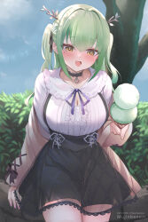 Rule 34 | 1girl, antlers, blush, breasts, bush, ceres fauna, cleavage, commentary, day, dress, food, green hair, hololive, hololive english, horns, ice cream, ice cream cone, jacket, large breasts, long hair, long sleeves, mole, mole under eye, mujinbensin, official alternate costume, open mouth, outdoors, sitting, smile, solo, thighhighs, tree, twintails, virtual youtuber, yellow eyes