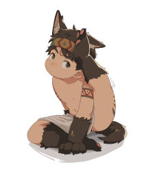 Rule 34 | 1boy, acnhiti, animal ears, animal hands, brown hair, child, claws, closed mouth, commentary, english commentary, facial tattoo, green eyes, headband, highres, kemonomimi mode, male focus, navel, original, scratching head, sitting, tail, tattoo, topless male, wolf boy, wolf ears, wolf tail