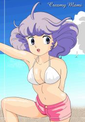 Rule 34 | 1980s (style), 1girl, arm behind back, bikini, blue eyes, boat, breasts, cloud, collarbone, creamy mami, drill hair, idol, large breasts, leg up, looking to the side, magical girl, mahou no tenshi creamy mami, navel, ocean, retro artstyle, open mouth, pink shorts, purple hair, retro artstyle, sailboat, short hair, shorts, sky, standing, swimsuit, teeth, water, watercraft, white bikini