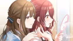 Rule 34 | 2girls, :o, ahoge, blush, bow, braid, brown eyes, brown hair, fingernails, hair between eyes, hair bow, hand mirror, hand on another&#039;s shoulder, holding, holding mirror, idolmaster, idolmaster shiny colors, indoors, kuwayama chiyuki, long hair, looking at mirror, looking at self, mirror, multiple girls, official art, open mouth, osaki tenka, red hair, reflection, smile, sparkle