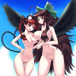 Rule 34 | 2girls, absurdres, ahoge, animal ears, bad anatomy, black wings, bow, braid, breasts, brown hair, cat ears, cat girl, cat tail, censored, completely nude, fang, fangs, female focus, hair bow, hair ornament, hair ribbon, highres, kaenbyou rin, large breasts, long hair, looking at viewer, md5 mismatch, multiple girls, multiple tails, navel, nipples, nude, open mouth, orange eyes, pointless censoring, pussy, raionsan, red eyes, red hair, reiuji utsuho, ribbon, smile, tail, touhou, twin braids, very long hair, wings