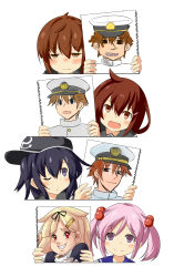 Rule 34 | 10s, 1boy, 5girls, admiral (kancolle), akatsuki (kancolle), be (o-hoho), black hair, blonde hair, brown eyes, brown hair, fang, folded ponytail, hair bobbles, hair flaps, hair ornament, hair ribbon, hairclip, hat, highres, ikazuchi (kancolle), inazuma (kancolle), kantai collection, long hair, military, military uniform, multiple girls, naval uniform, odd one out, open mouth, personification, pink eyes, pink hair, red eyes, ribbon, sazanami (kancolle), school uniform, serafuku, short hair, smile, translated, twintails, uniform, yuudachi (kancolle)