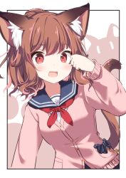 Rule 34 | 1girl, :d, animal ear fluff, animal ears, blue sailor collar, breasts, brown hair, cardigan, cat ears, cat girl, cat tail, commission, daidai ookami, hand up, highres, looking at viewer, neckerchief, open mouth, original, paw pose, pink cardigan, ponytail, red eyes, red neckerchief, sailor collar, school uniform, serafuku, shirt, skeb commission, small breasts, smile, solo, tail, white shirt