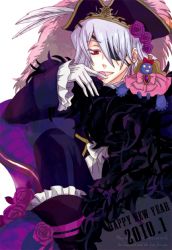 Rule 34 | 00s, 1boy, bad id, bad pixiv id, boots, candy, emily (pandora hearts), eyepatch, flower, food, formal, gloves, hair over one eye, hamayoshi, hat, male focus, pandora hearts, pirate, red eyes, rose, short hair, silver hair, solo, xerxes break