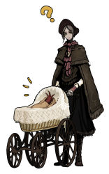 Rule 34 | 1girl, ?, ahoge, alternate form, baby carriage, bloodborne, bonnet, boots, cloak, doll joints, dress, expressionless, flower, from software, green eyes, grey hair, highres, hunter (bloodborne), hunter (great one) (bloodborne), joints, kamisama (gafa), plain doll, rose, short hair, simple background, spoilers, standing, swept bangs, tentacles, white background