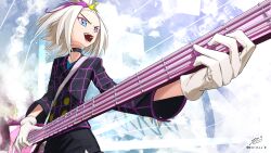 Rule 34 | 1girl, absurdres, blue eyes, choker, creatures (company), eriott, game freak, gloves, grey hair, guitar, highres, holding, holding guitar, holding instrument, instrument, music, nintendo, official alternate costume, open mouth, playing instrument, pokemon, pokemon masters ex, roxie (pokemon), roxie (sygna suit) (pokemon), signature, solo, topknot, v-shaped eyebrows, white gloves