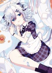 Rule 34 | 1girl, absurdres, animal ears, apron, blue eyes, boots, commentary request, cookie, copyright request, cup, dress, feet out of frame, food, food on face, frilled apron, frills, grey hair, hair between eyes, hair ornament, hairclip, hands up, highres, looking at viewer, lying, mini person, minigirl, on side, open mouth, plaid, plaid dress, plate, puffy short sleeves, puffy sleeves, purple dress, purple footwear, saucer, short sleeves, signature, sofra, solo, spoon, sugar cube, teacup, twitter username, white apron