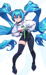 Rule 34 | 1girl, absurdres, aqua eyes, aqua hair, asymmetrical bodysuit, black bodysuit, black footwear, bodysuit, boots, commentary, english commentary, gloves, goodsmile racing, hair between eyes, hands on own hips, hatsune miku, highres, long hair, looking to the side, monochrome, orisghost, racing miku, racing miku (2022), single leg bodysuit, single thigh boot, solo, thigh boots, twintails, two-tone gloves, very long hair, vocaloid, white background, white gloves