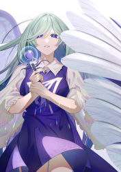 Rule 34 | 1girl, absurdres, angel wings, blue dress, blue hair, breasts, collared shirt, commentary request, cowboy shot, dress, feathered wings, grey hair, guumin, highres, holding, holding wand, long hair, long sleeves, medium breasts, multiple wings, parted lips, pinafore dress, sariel (touhou), shirt, simple background, sleeveless dress, touhou, touhou (pc-98), very long hair, wand, white background, white shirt, white wings, wide sleeves, wings