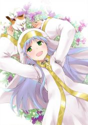 Rule 34 | 1girl, :d, blue hair, cape, cat, chuya kogino, field, flower, flower field, garden, green eyes, habit, happy, index (toaru majutsu no index), long hair, lying, nun, official art, on back, on ground, open mouth, outdoors, robe, safety pin, smile, solo, sphinx (to aru majutsu no index), sphinx (toaru majutsu no index), toaru majutsu no index