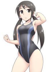 Rule 34 | 1girl, black hair, black one-piece swimsuit, brown eyes, clenched hand, collarbone, competition swimsuit, covered navel, cowboy shot, expressionless, idolmaster, idolmaster cinderella girls, looking at viewer, low twintails, nakano yuka, one-piece swimsuit, pataneet, simple background, solo, standing, swimsuit, twintails, white background
