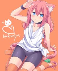 Rule 34 | 1girl, ahoge, amane hasuhito, animal ear fluff, animal ears, asymmetrical legwear, bad id, bad pixiv id, bare shoulders, bike shorts, black choker, blue eyes, cat ears, character name, choker, collarbone, commentary request, hair between eyes, hair bobbles, hair ornament, hinata channel, long hair, looking at viewer, mismatched legwear, nekomiya hinata, no shoes, orange background, orange thighhighs, pink hair, salute, shirt, simple background, sitting, smile, solo, striped clothes, striped thighhighs, tank top, thighhighs, tied shirt, very long hair, virtual youtuber, wariza, white shirt