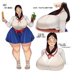 Rule 34 | bad id, bad twitter id, bare legs, black eyes, blue skirt, blush, breast focus, breast rest, breasts, brown hair, collared shirt, drink, english text, facing to the side, facing viewer, flats, food, full body, head out of frame, highres, holding, holding drink, holding food, huge breasts, looking at viewer, multiple views, original, popsicle, red ribbon, ribbon, shirt, simple background, skirt, split bangs, standing, straight-on, toroboro, white background, white footwear, white shirt, wide hips