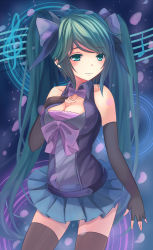 Rule 34 | 1girl, absurdres, bad id, bad pixiv id, breasts, catsmoon, cleavage, elbow gloves, fingerless gloves, gloves, green eyes, green hair, hair ribbon, hand on own chest, hatsune miku, highres, long hair, matching hair/eyes, ribbon, skirt, solo, thighhighs, twintails, very long hair, vocaloid