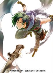 Rule 34 | 1boy, copyright name, dagger, fire emblem, fire emblem: radiant dawn, fire emblem cipher, gloves, green hair, kita senri, knife, male focus, nintendo, official art, scarf, short sleeves, simple background, solo, sothe, weapon, white background, white scarf, yellow eyes