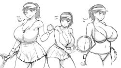 Rule 34 | 1girl, ball, bikini, bracelet, breasts, cleavage, collarbone, commentary, english commentary, erkaz, greyscale, hair behind ear, highres, holding, holding ball, holding racket, huge breasts, jewelry, midriff, monochrome, multiple views, navel, original, ponytail, racket, rina atherina, shirt tucked in, sketch, skirt, swimsuit, tennis racket, visor cap