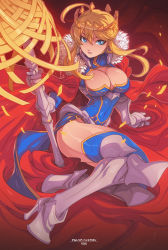 Rule 34 | 1girl, ahoge, armor, armored dress, artoria pendragon (fate), artoria pendragon (lancer) (fate), blue dress, blue eyes, blue thighhighs, boots, braid, breasts, cape, cleavage, cleavage cutout, clothing cutout, commentary, commission, covered navel, cross, crown, dress, edwin huang, english commentary, fate/grand order, fate (series), french braid, full body, fur-trimmed cape, fur trim, greaves, hair between eyes, heattech leotard, high heel boots, high heels, highres, holding, holding lance, holding polearm, holding weapon, huge ahoge, lance, large breasts, narrow waist, polearm, red cape, rhongomyniad (fate), solo, thighhighs, thighs, turtleneck, weapon