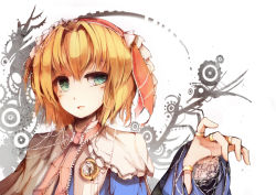 Rule 34 | 1girl, alice margatroid, blonde hair, blue eyes, brooch, capelet, gears, hairband, highres, jewelry, kyuu (plastic night q), lolita hairband, long sleeves, looking at viewer, open mouth, puppet rings, puppet strings, ribbon, ring, short hair, solo, touhou, upper body, white background