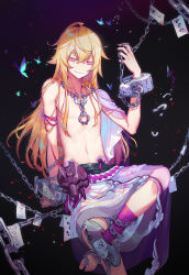Rule 34 | androgynous, barefoot, blonde hair, blush, bug, butterfly, chain, character request, closed mouth, copyright request, cuffs, eyebrows, gender request, highres, bug, long hair, looking at viewer, luode huayuan, male focus, navel, red eyes, shackles, smile, solo