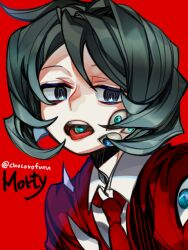 Rule 34 | 1boy, aqua eyes, blue eyes, borrowed character, collared shirt, commentary request, employee (project moon), extra eyes, green hair, jacket, lobotomy corporation, male focus, necktie, open mouth, project moon, red background, red jacket, red necktie, shirt, short hair, shot (urem), simple background, solo, tongue, tongue out, white shirt