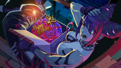 Rule 34 | 1girl, birthday cake, box, bracelet, breasts, cake, cleavage, collar, commentary, english commentary, fireworks, food, hair horns, han juri, hand on own head, happy birthday, heterochromia, highres, jewelry, medium breasts, multicolored hair, night, official art, pastry box, sitting, solo, sparkler, spiked anklet, spiked bracelet, spiked collar, spikes, streaked hair, street fighter, street fighter 6, window