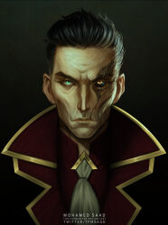 Rule 34 | 1boy, arcane: league of legends, artist name, ascot, black sclera, closed mouth, colored sclera, commentary, deviantart username, english commentary, green eyes, grey ascot, hair slicked back, highres, league of legends, mismatched pupils, portrait, red shirt, scar, scar across eye, scar on face, shirt, short hair, silco (arcane), simple background, solo, thefearmaster, twitter username, yellow eyes