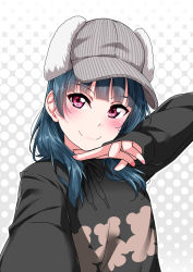 Rule 34 | 1girl, animal print, bear print, black shirt, blue hair, blunt bangs, blush, dark blue hair, grey headwear, hair over shoulder, halftone, halftone background, hand on own chin, hand on own face, hat, long hair, long sleeves, looking at viewer, love live!, love live! sunshine!!, out of frame, outstretched arm, polka dot, polka dot background, red eyes, selfie, shirt, smile, tsushima yoshiko, upper body, yopparai oni