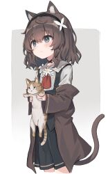 Rule 34 | 1girl, absurdres, animal, animal ears, black skirt, black vest, brown hair, brown jacket, cat, cat ears, cat girl, cat tail, check commentary, commentary, commentary request, frown, grey background, grey eyes, hairband, highres, holding, holding animal, holding cat, jacket, kurioshi fio, long sleeves, off shoulder, open clothes, open jacket, original, satou (3366 s), shirt, short hair, simple background, skirt, tail, two-tone background, vest, white background, white shirt