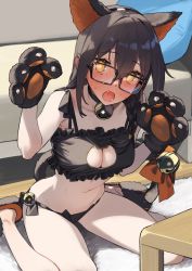 Rule 34 | 92m, animal costume, animal ear hairband, animal ears, bell, black hair, black panties, black tube top, blush, cat costume, cat ear hairband, cat ears, cat paw, cat tail, cleavage cutout, clothing cutout, coffee table, couch, fake animal ears, hairband, highres, kakita (92m), looking at viewer, open mouth, panties, pillow, sitting, strapless, table, tail, tube top, underwear, wariza, yellow eyes
