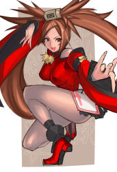 Rule 34 | 1girl, ass, bare shoulders, beckoning, breasts, brown eyes, brown hair, china dress, chinese clothes, detached sleeves, dress, female focus, guilty gear, guilty gear xrd, hair ornament, highres, kuradoberi jam, legs, long hair, open mouth, solo, squatting, tetsu (kimuchi), very long hair