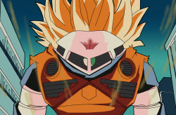 Rule 34 | blonde hair, crossover, dragon ball, dragonball z, fusion, gundam, highres, looking at viewer, mecha, mobile suit gundam, no humans, one-eyed, parody, pun, reprilo channel, robot, science fiction, solo, son goku, super saiyan, what, z&#039;gok, zeon