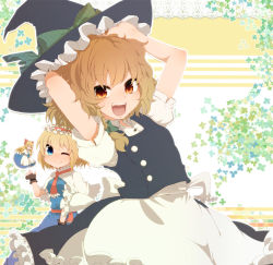 Rule 34 | 2girls, :d, ;), alice margatroid, aoi (annbi), arms up, blonde hair, blue eyes, brown hair, female focus, hairband, hat, kirisame marisa, looking at viewer, multiple girls, one eye closed, open mouth, red eyes, shanghai doll, smile, touhou, wink, witch, witch hat, yellow eyes